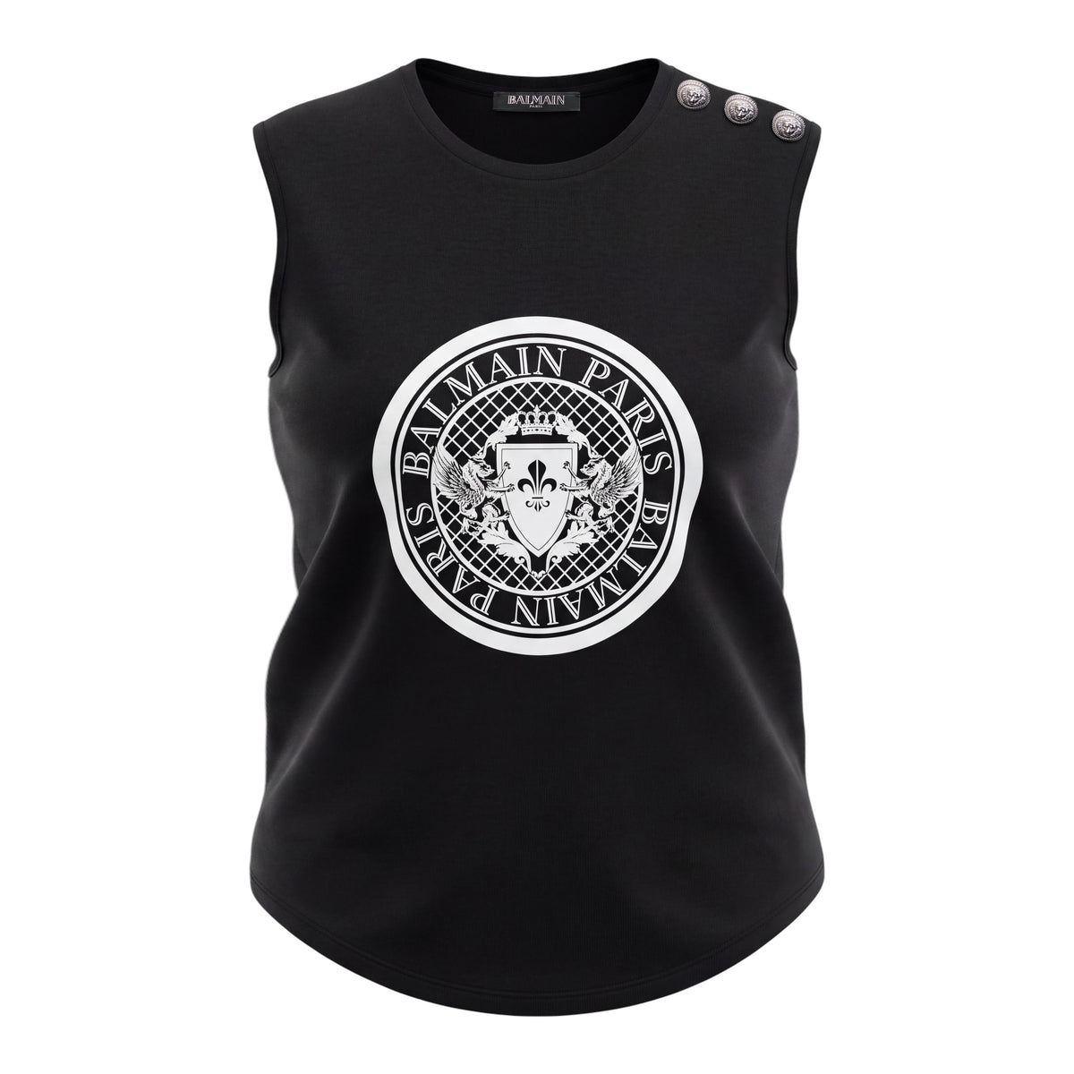 BALMAIN LOGO SLEEVELESS WITH SILVER LOGO BUTTONS - SIZE 38