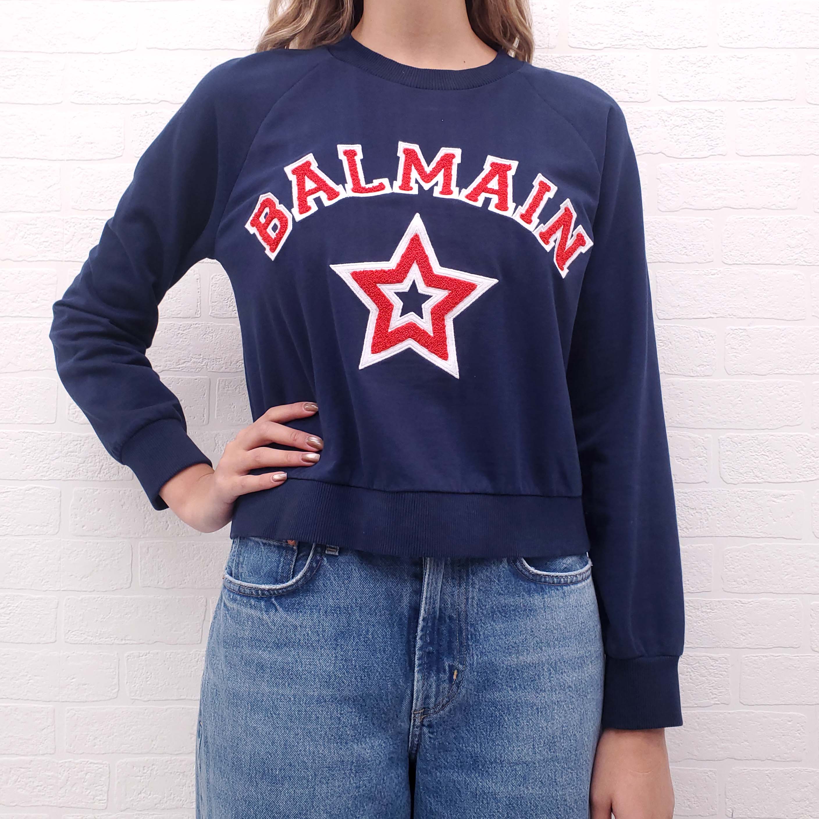 BALMAIN NAVY AND RED LOGO STAR SWEATSHIRT - SIZE 40