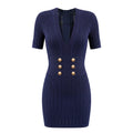 BALMAIN NAVY KNIT SHORT SLEEVE DRESS WITH GOLD BUTTONS - SIZE 42