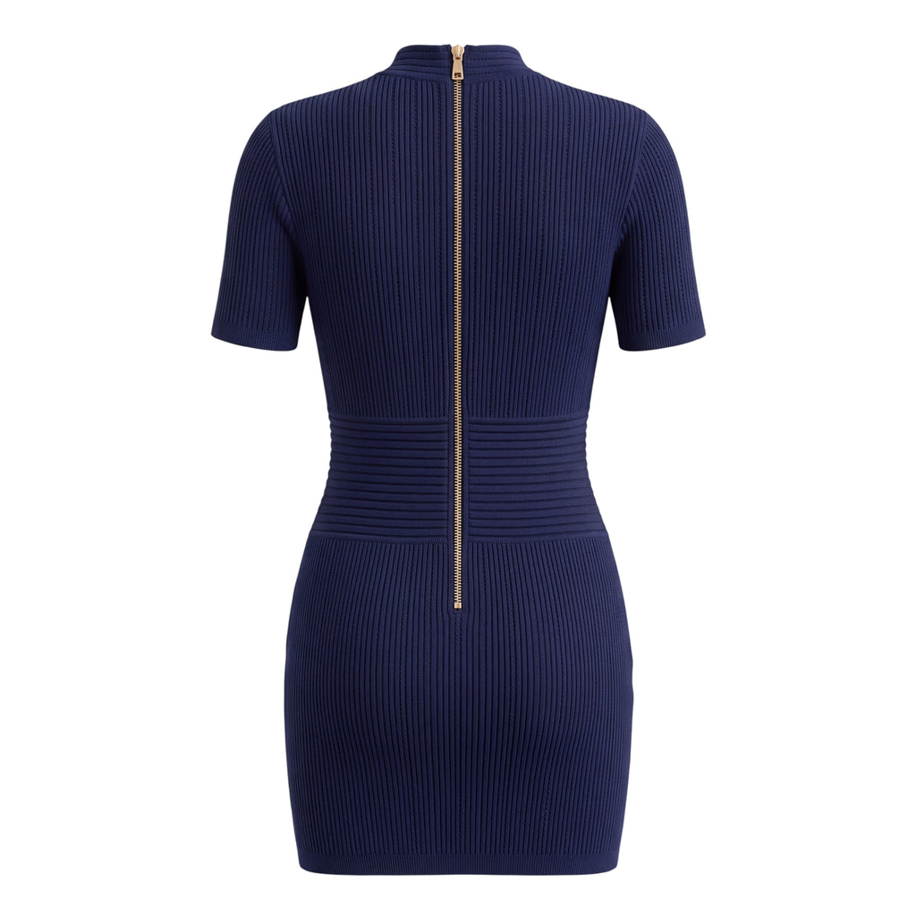 BALMAIN NAVY KNIT SHORT SLEEVE DRESS WITH GOLD BUTTONS - SIZE 42