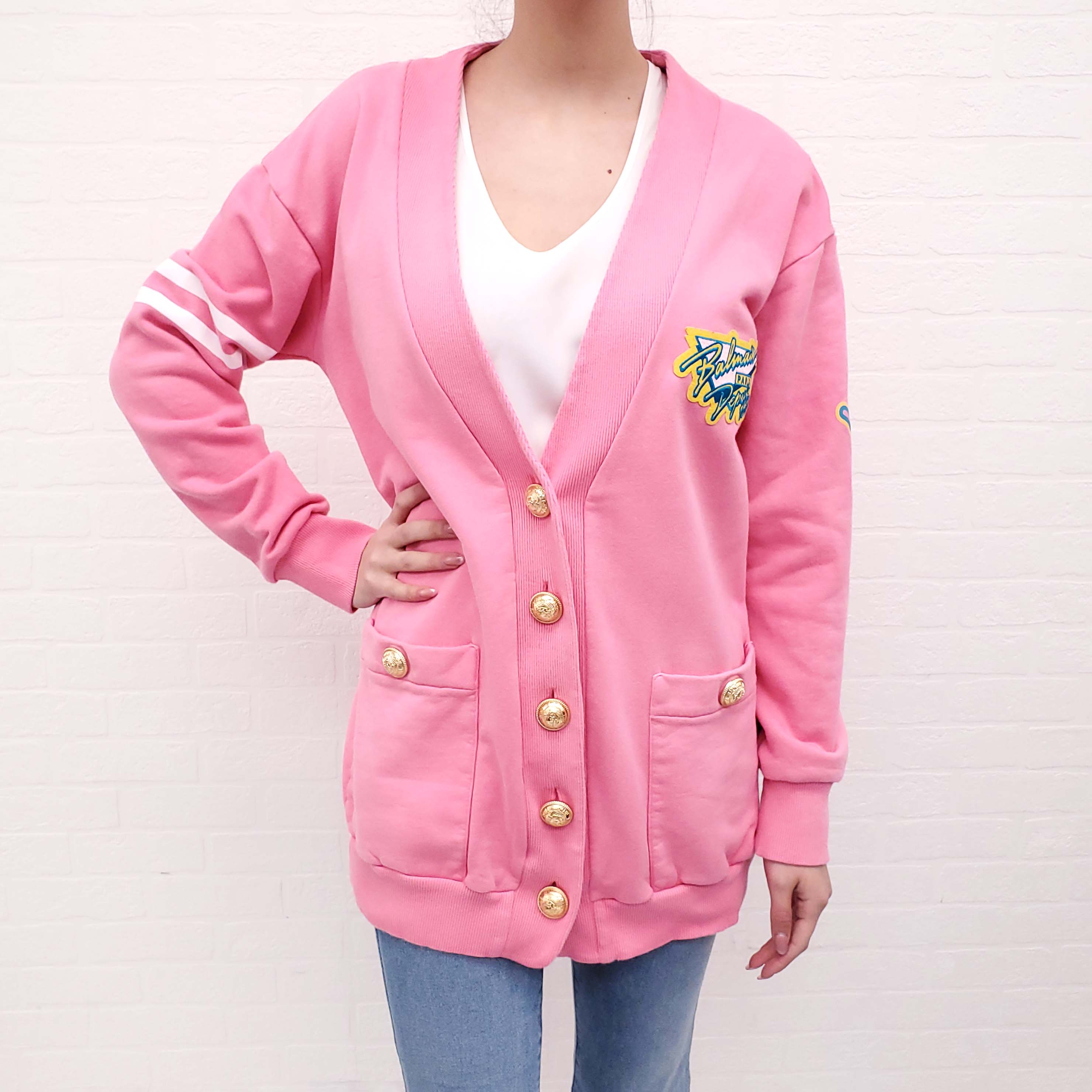 BALMAIN PINK OVERSIZED SWEATSHIRT CARDIGAN WITH LOGO BUTTONS - SIZE 36