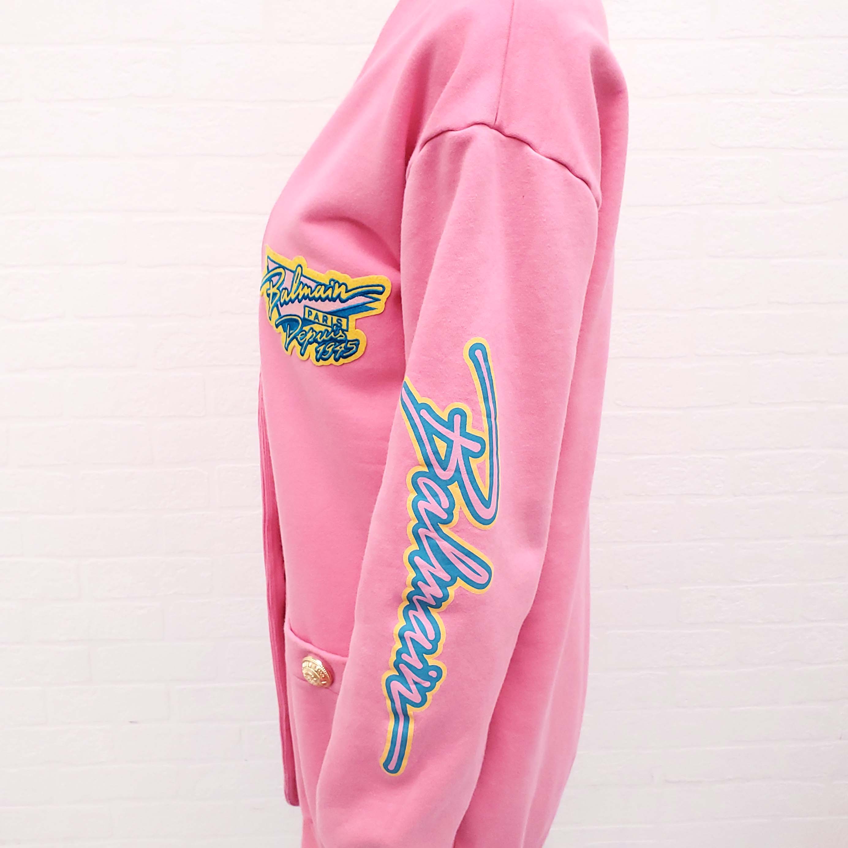 BALMAIN PINK OVERSIZED SWEATSHIRT CARDIGAN WITH LOGO BUTTONS - SIZE 36