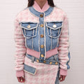 BALMAIN PINK TWEED AND DENIM JACKET WITH GOLD LOGO BUTTONS - SIZE 36