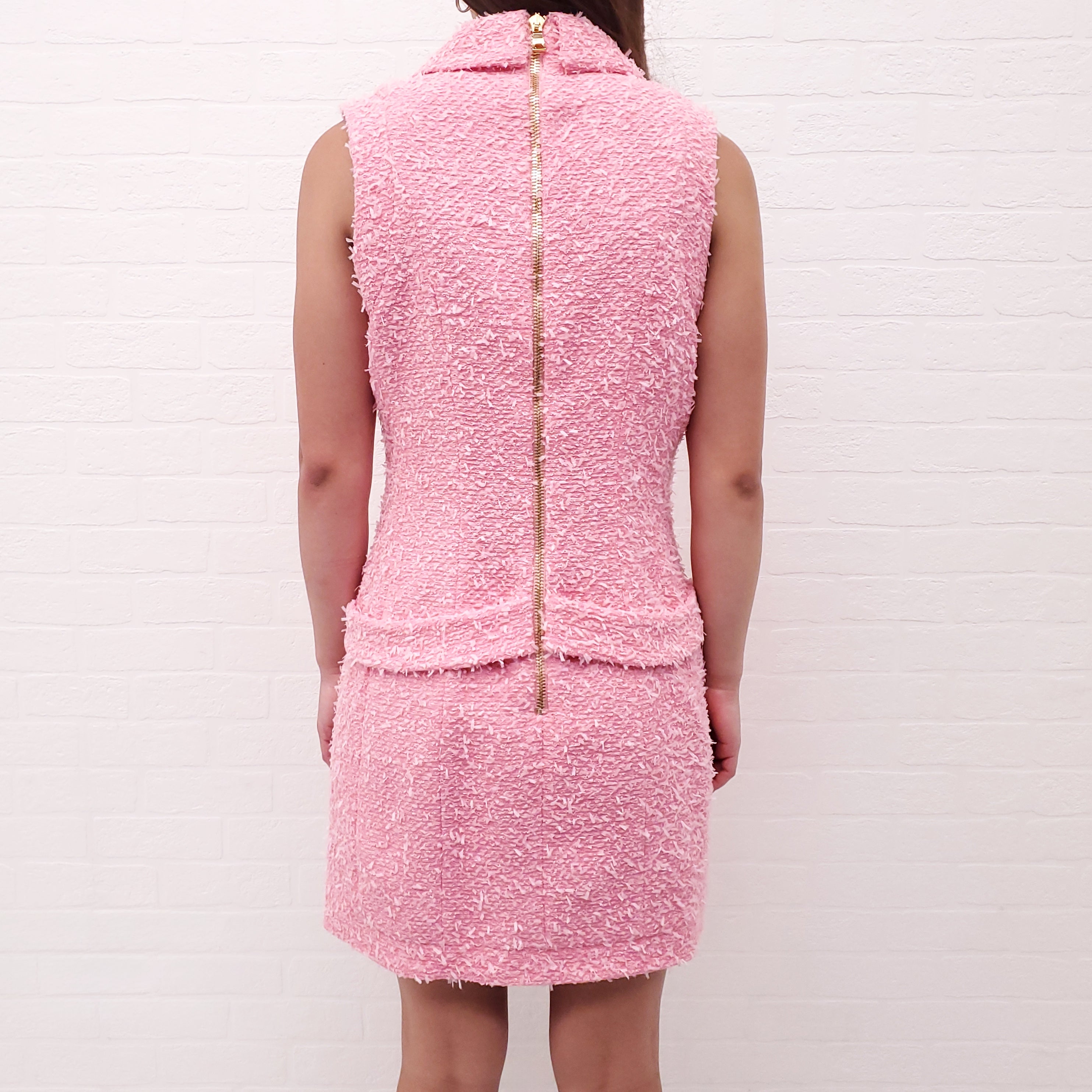 BALMAIN PINK TWEED DOUBLE BREASTED TUXEDO DRESS - SIZE 38