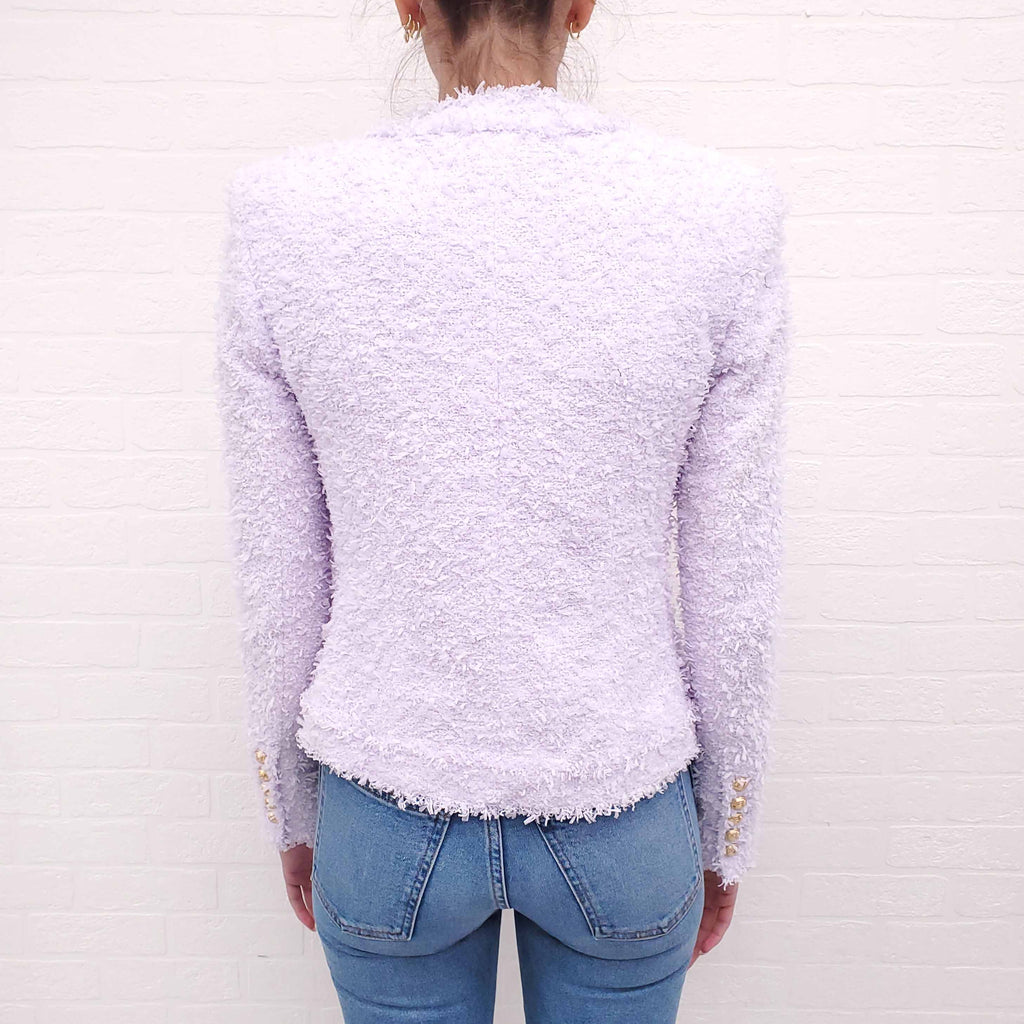 BALMAIN PURPLE TWEED BLAZER WITH LOGO BUTTONS - SIZE 34