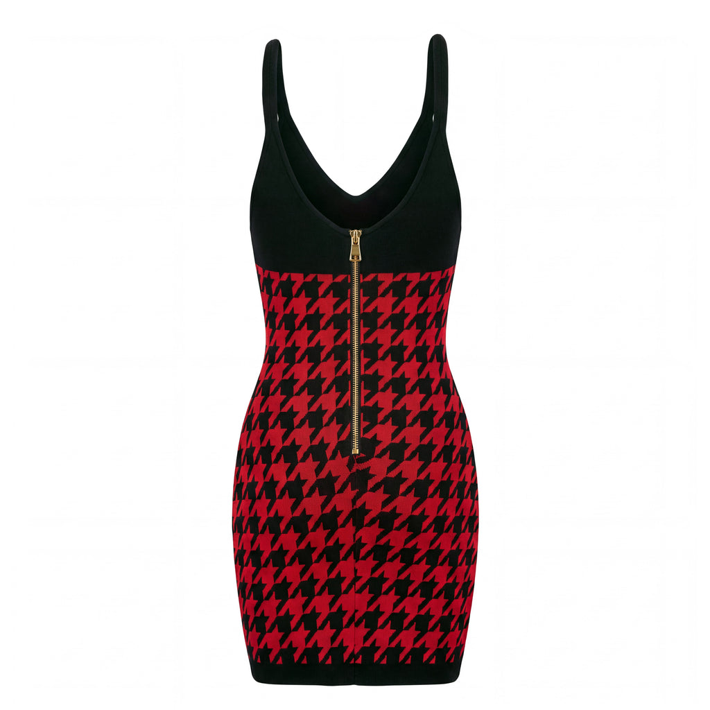 BALMAIN RED AND BLACK HOUNDSTOOTH JACQUARD KNIT MINI DRESS - SIZE 34