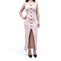 BALMAIN RIBBED TAUPE KNIT SLEEVELESS DRESS WITH GOLD BUTTONS - SIZE 36