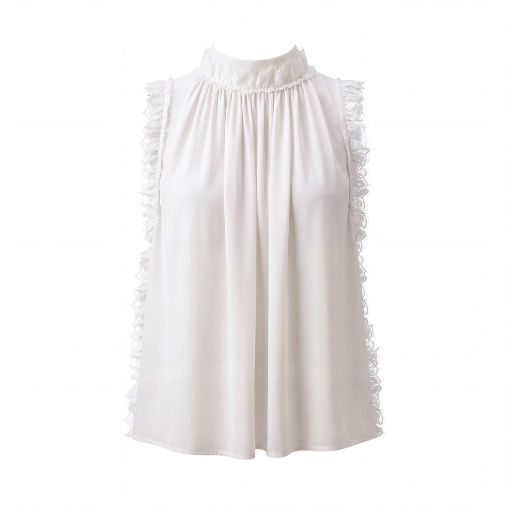 BALMAIN SILK CREAM BLOUSE WITH LACE RUFFLE DETAIL - SIZE 38