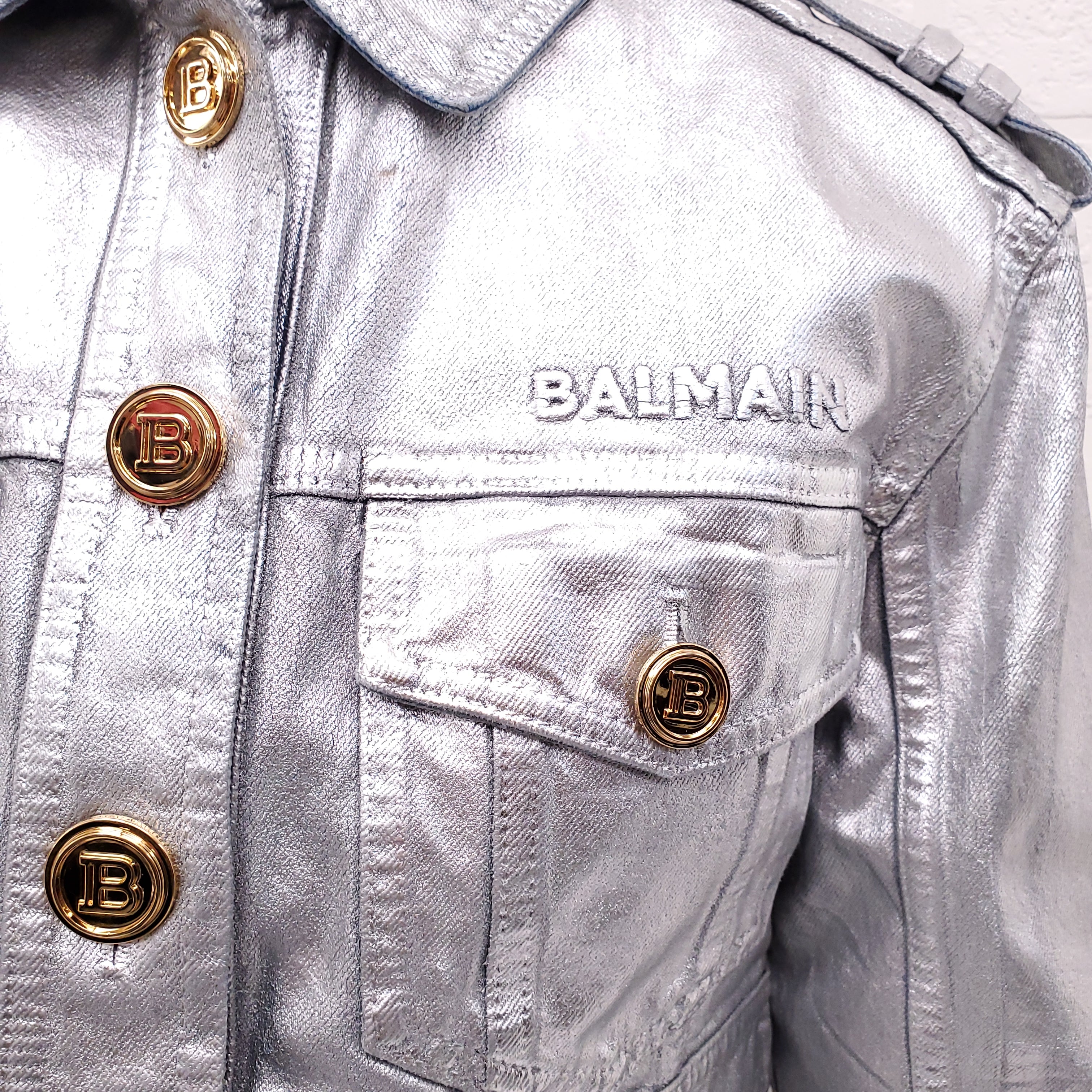 BALMAIN SILVER CROPPED DENIM JACKET - SIZE 36