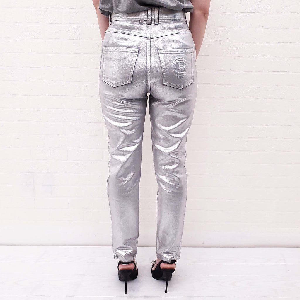 BALMAIN SILVER JEANS WITH GOLD LOGO - SIZE 38