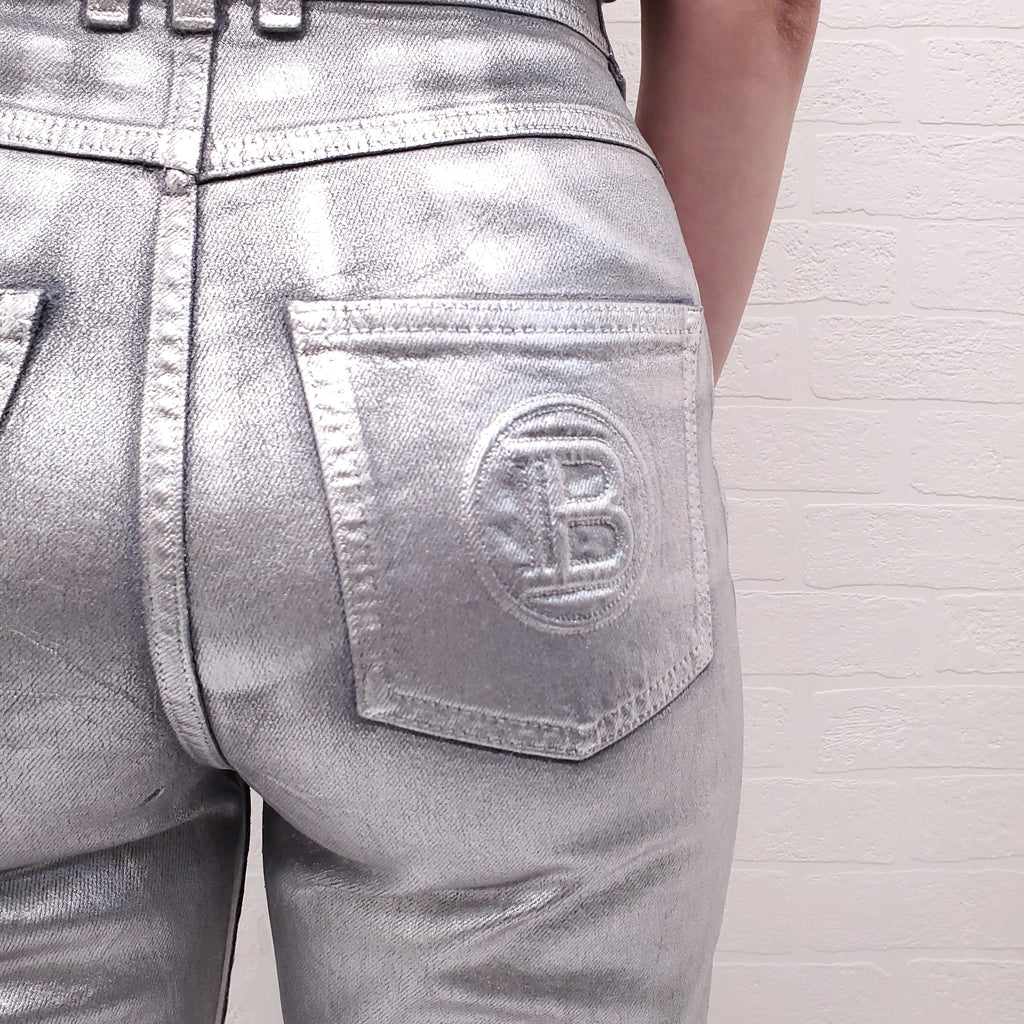 BALMAIN SILVER JEANS WITH GOLD LOGO - SIZE 38