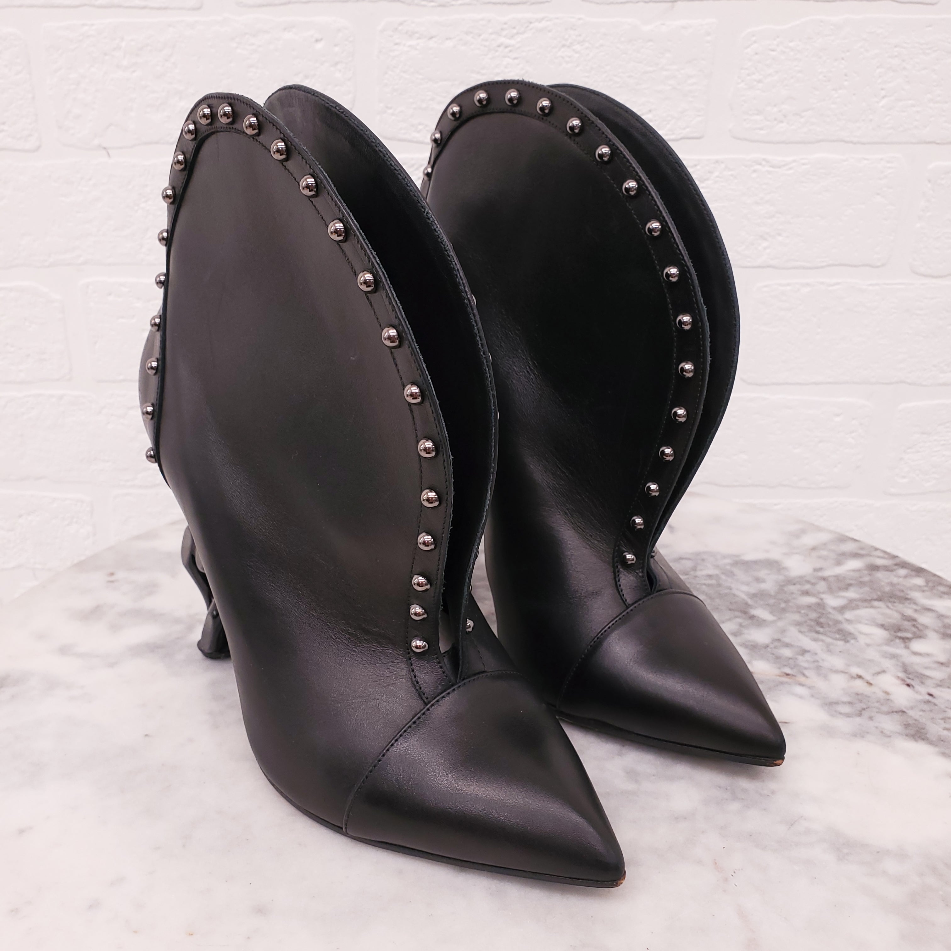 BALMAIN STUD AND CHAIN HEEL BOOTIES - SIZE 35
