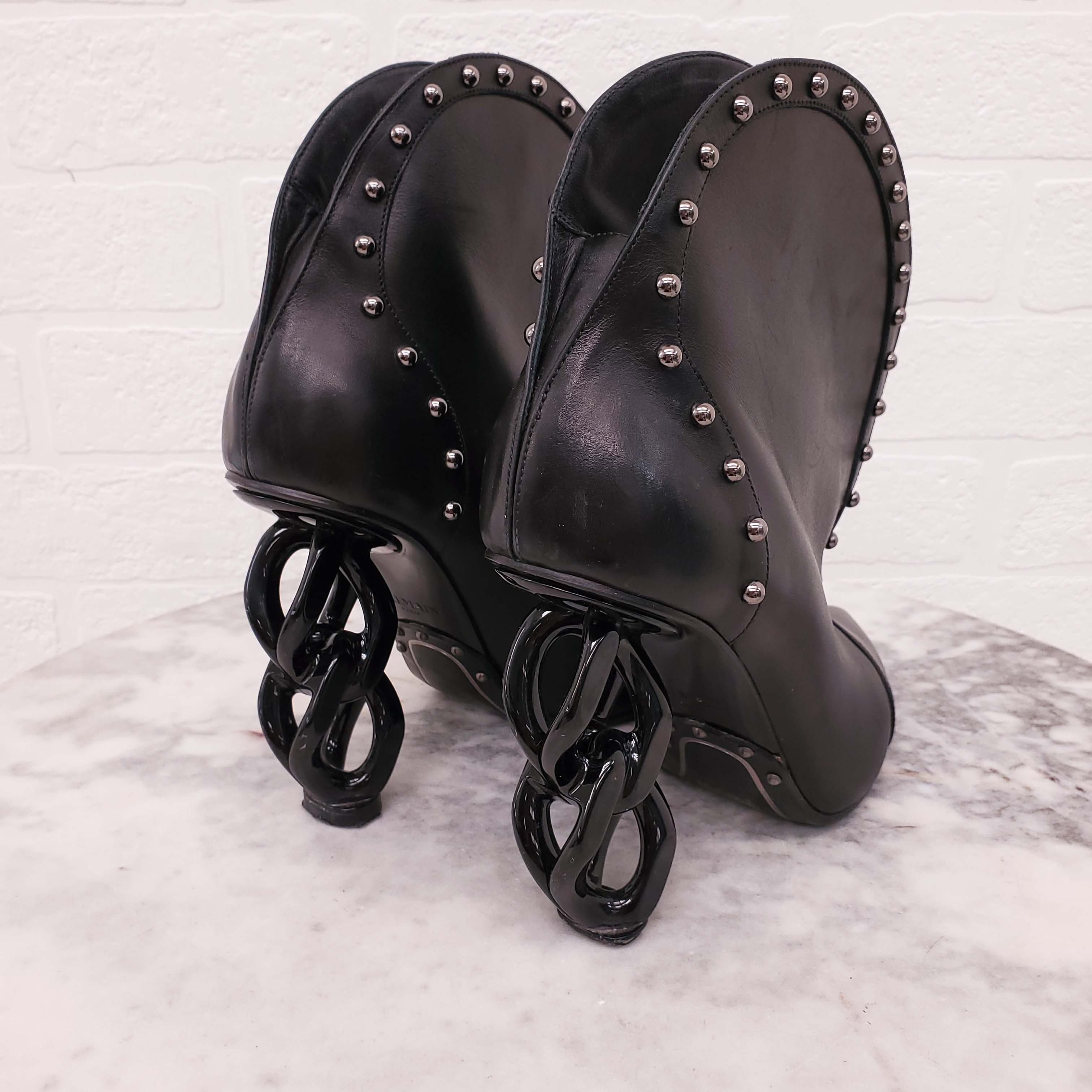 BALMAIN STUD AND CHAIN HEEL BOOTIES - SIZE 35