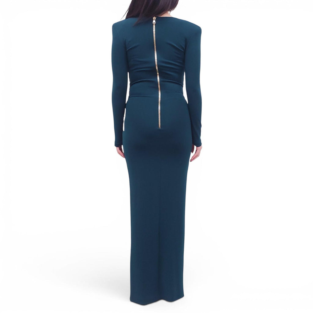 BALMAIN TEAL GOWN WITH EMBELLISHED FLOWER DETAIL - SIZE 38