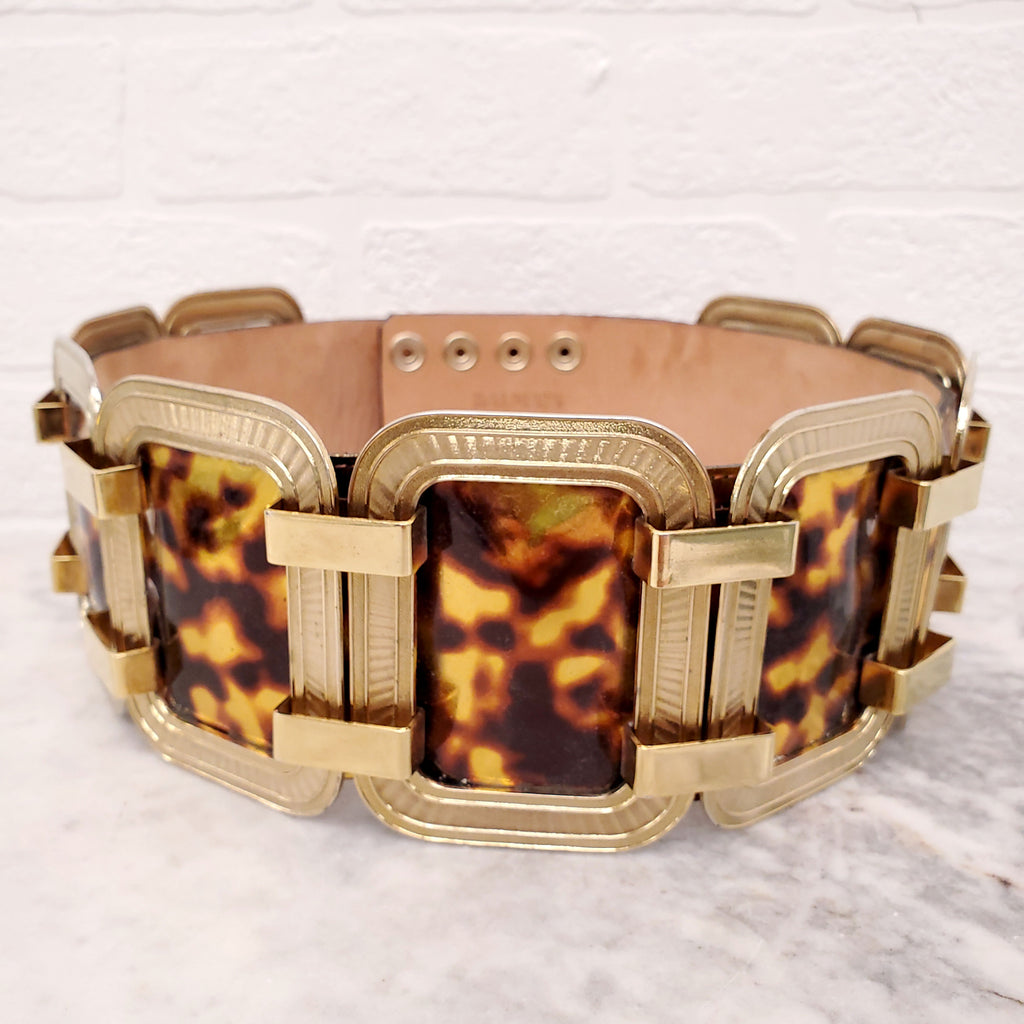 BALMAIN TORTOISE SHELL BELT WITH GOLD EMBROIDERY - SIZE 38