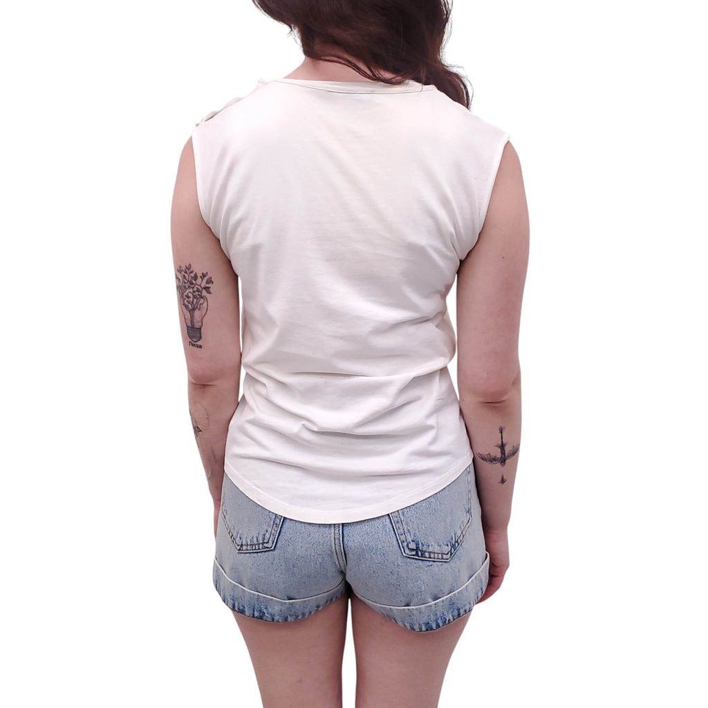 BALMAIN WHITE AND GOLD SLEEVELESS LOGO TOP - SIZE 34
