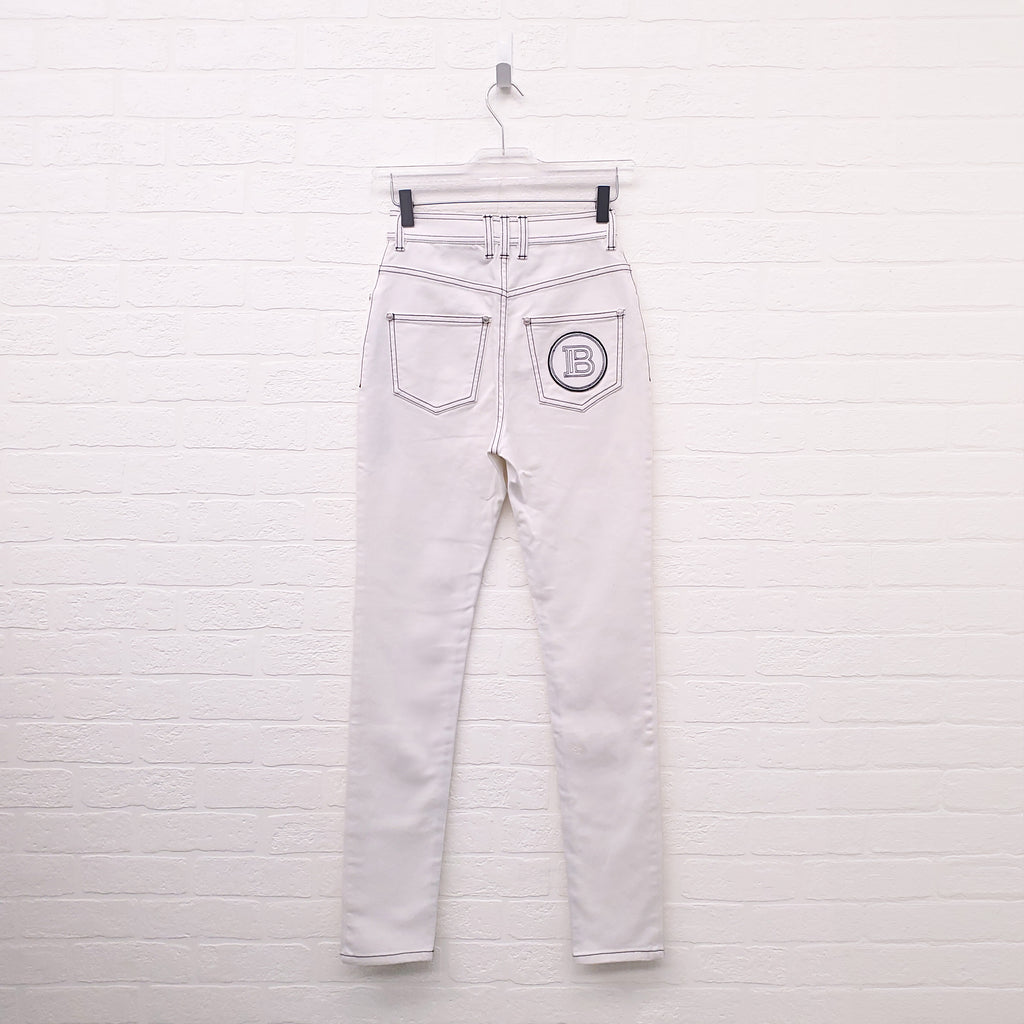 BALMAIN WHITE JEANS WITH BLACK STITCHING - SIZE 34