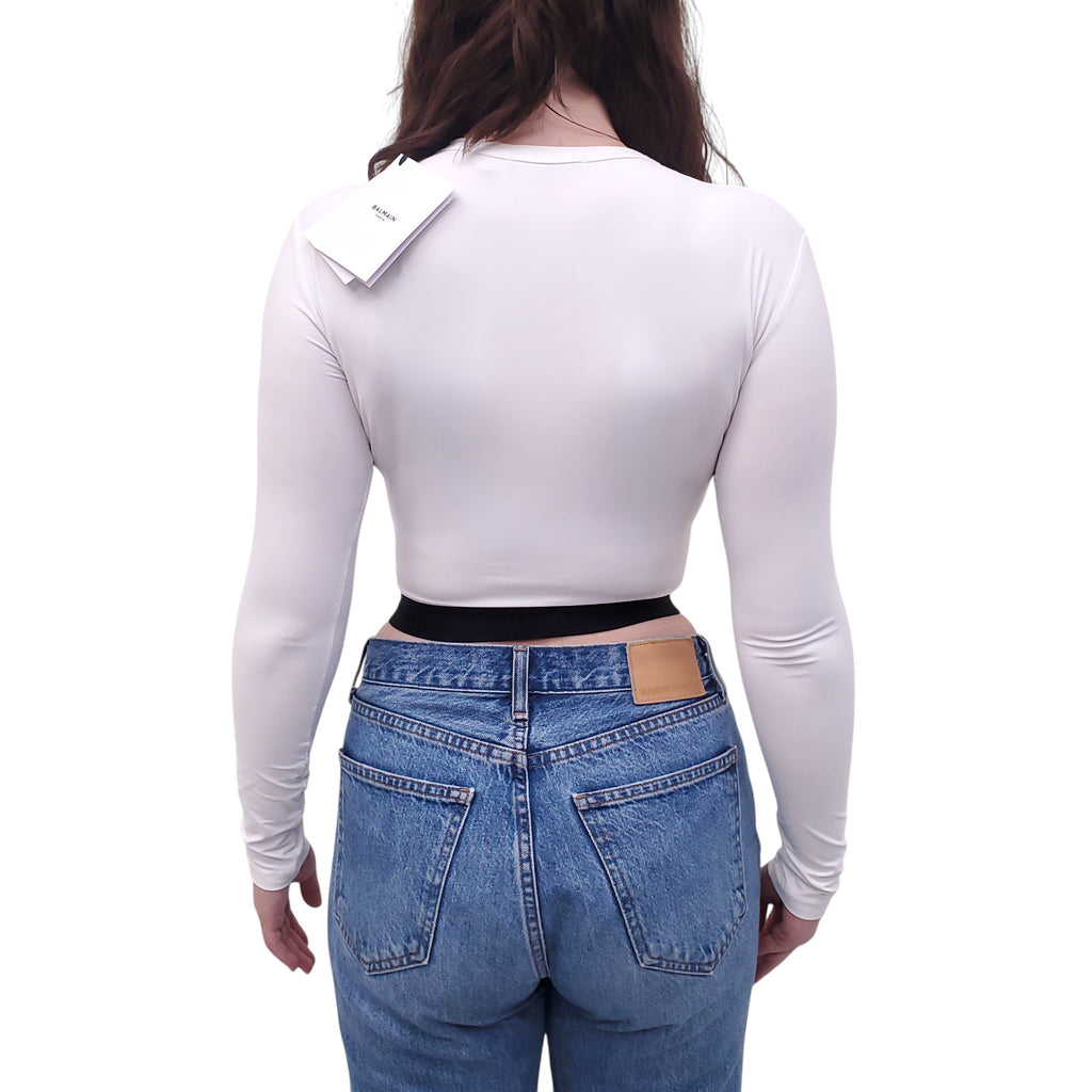 BALMAIN WHITE LOGO LONG-SLEEVE CROPPED TOP - SIZE 38