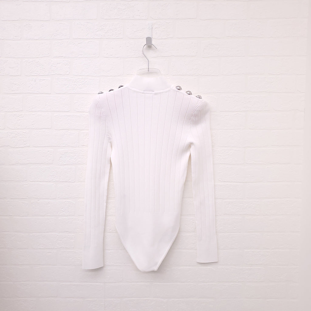 BALMAIN WHITE MOCK TURTLENECK KNIT BODYSUIT WITH SILVER BUTTONS - SIZE 36