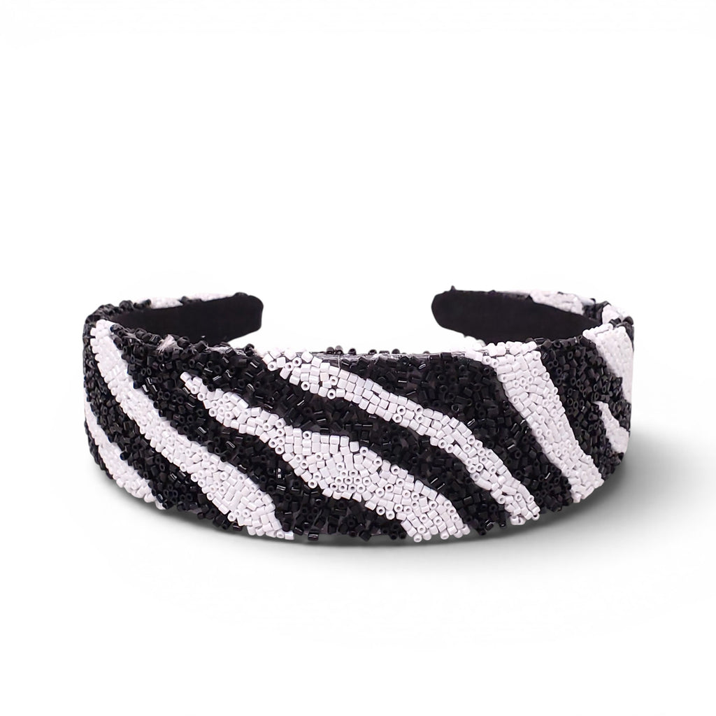 BLACK AND WHITE ZEBRA PATTERNED BEADED HEADBAND