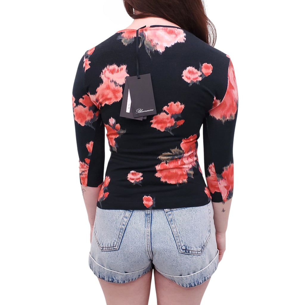 BLUMARINE BLACK AND PINK FLORAL EMBROIDERED TOP - SIZE 2