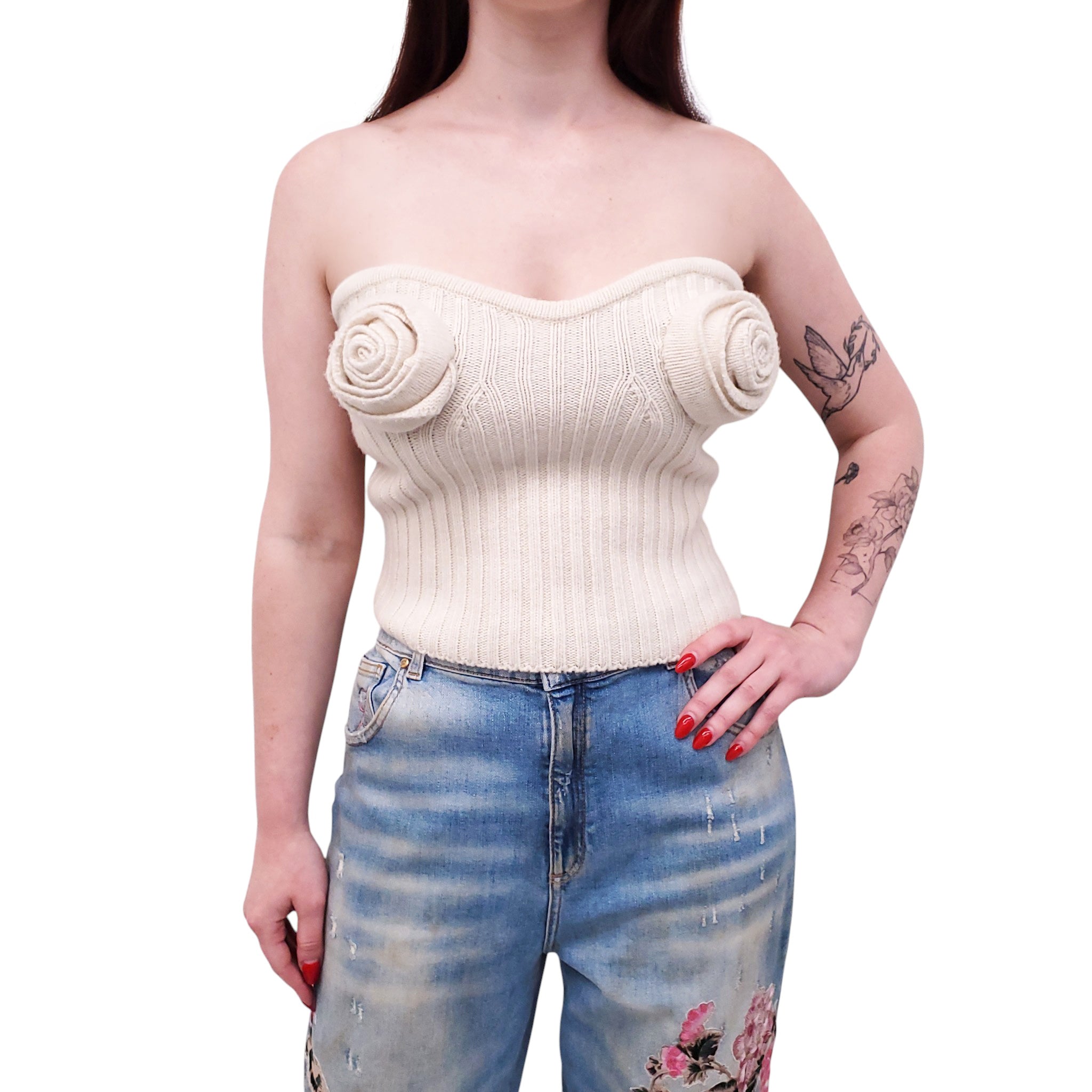 BLUMARINE CREAM WOOL RIBBED ROSETTE BUSTIER - SIZE 6