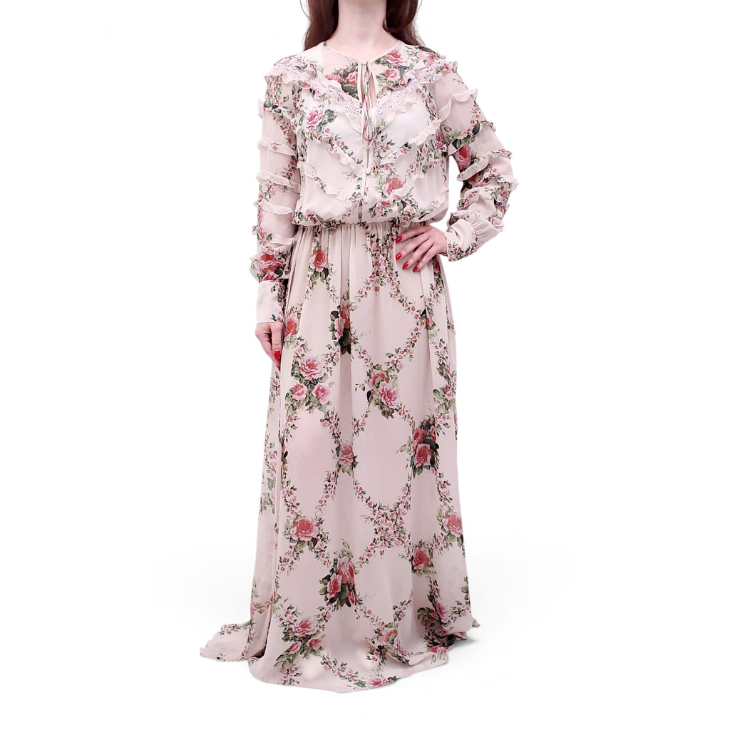 BLUMARINE PINK FLORAL RUFFLE LONG SLEEVE MAXI DRESS - SIZE 10