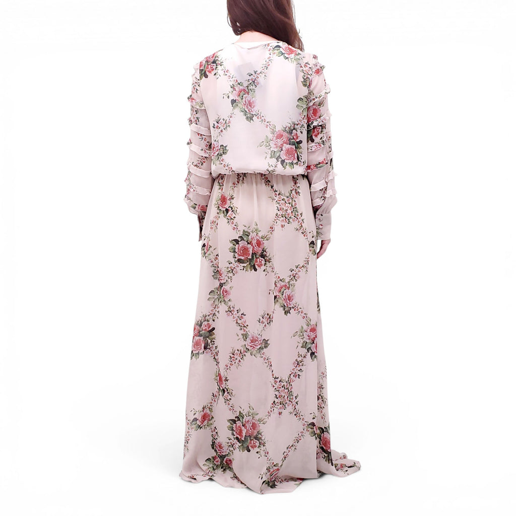BLUMARINE PINK FLORAL RUFFLE LONG SLEEVE MAXI DRESS - SIZE 10