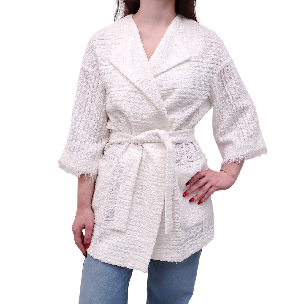 BLUMARINE WHITE TWEED SWEATER JACKET WITH BELT - SIZE 6