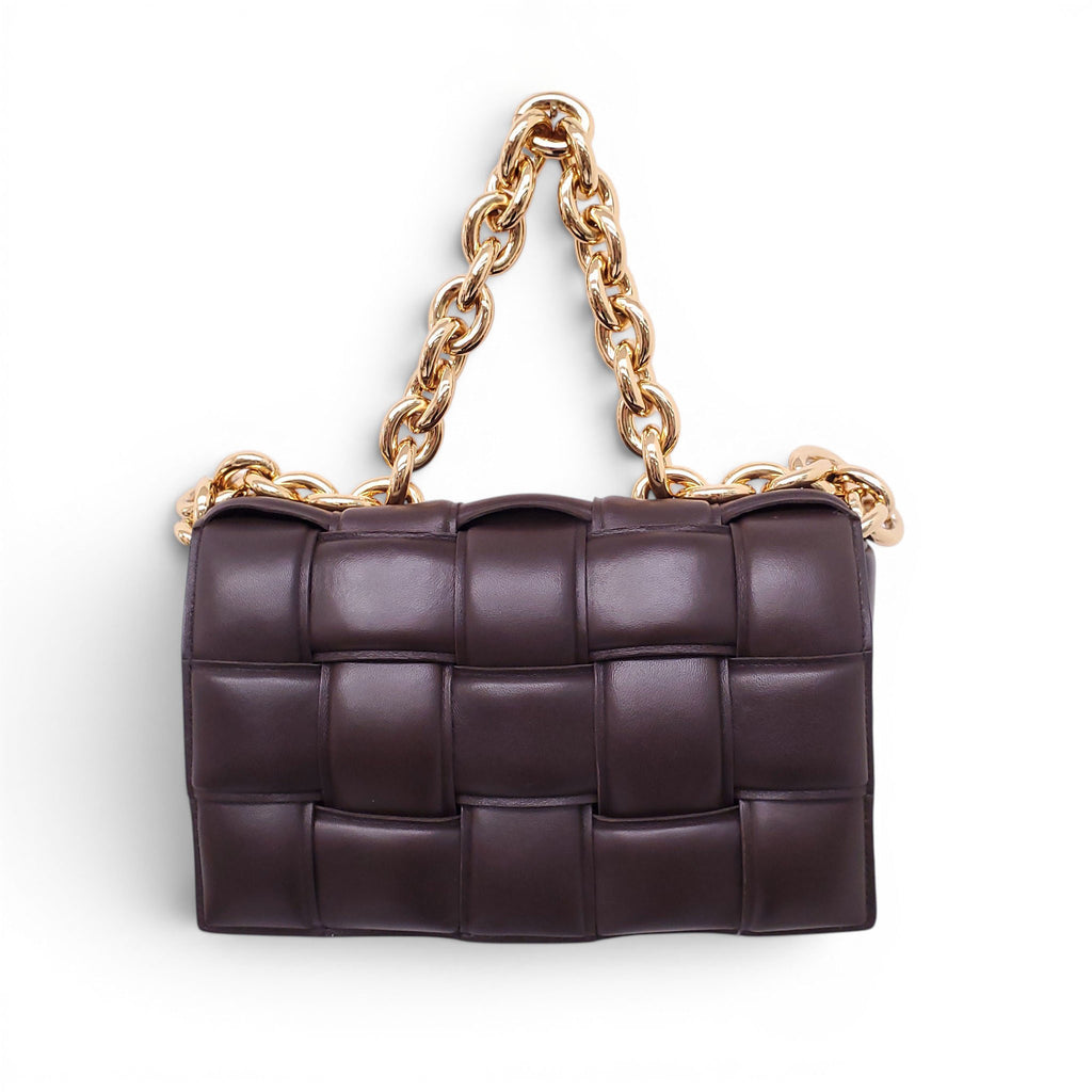 BOTTEGA VENETA BROWN LEATHER PADDED CASSETTE BAG WITH GOLD CHAIN