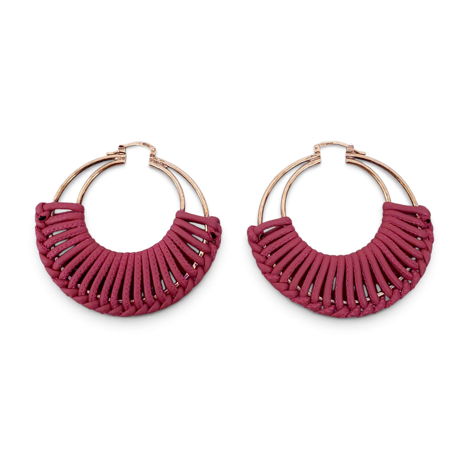 BOTTEGA VENETA BURGUNDY WOVEN HOOP EARRINGS