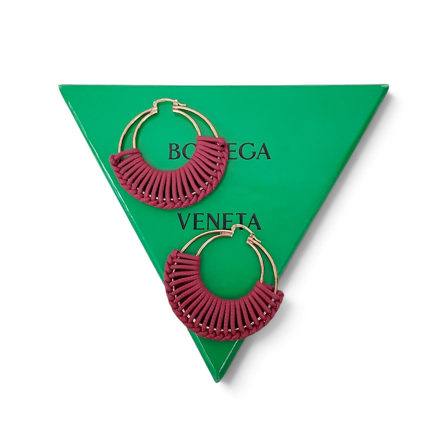 BOTTEGA VENETA BURGUNDY WOVEN HOOP EARRINGS