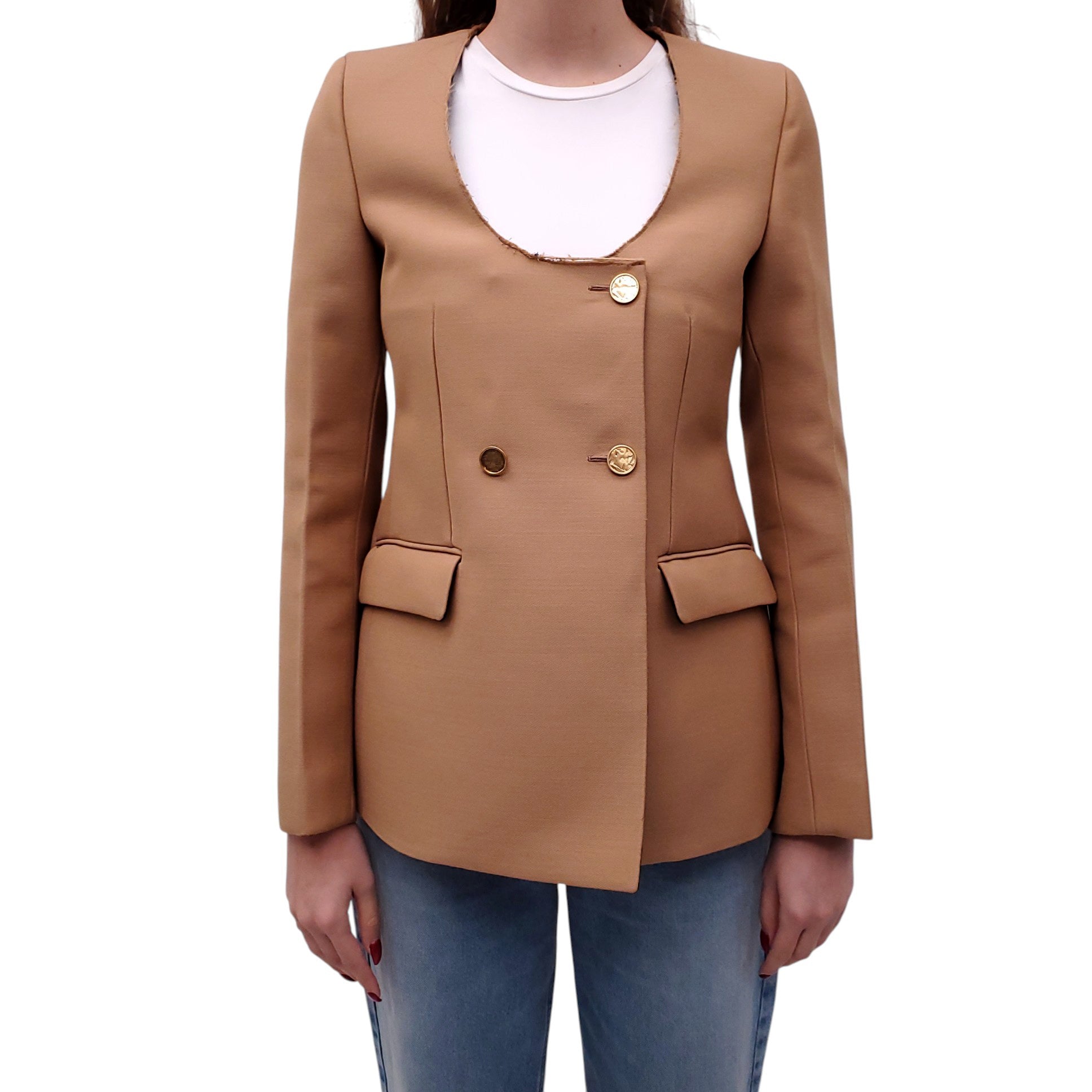 BOTTEGA VENETA CAMEL WOOL SUIT JACKET WITH GOLD BUTTONS - SIZE 38