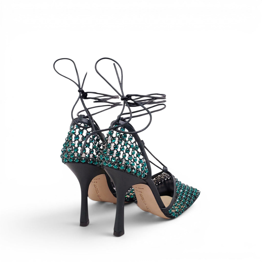 BOTTEGA VENETA GREEN CRYSTAL MESH STRAPPY HEELS - SIZE 37.5