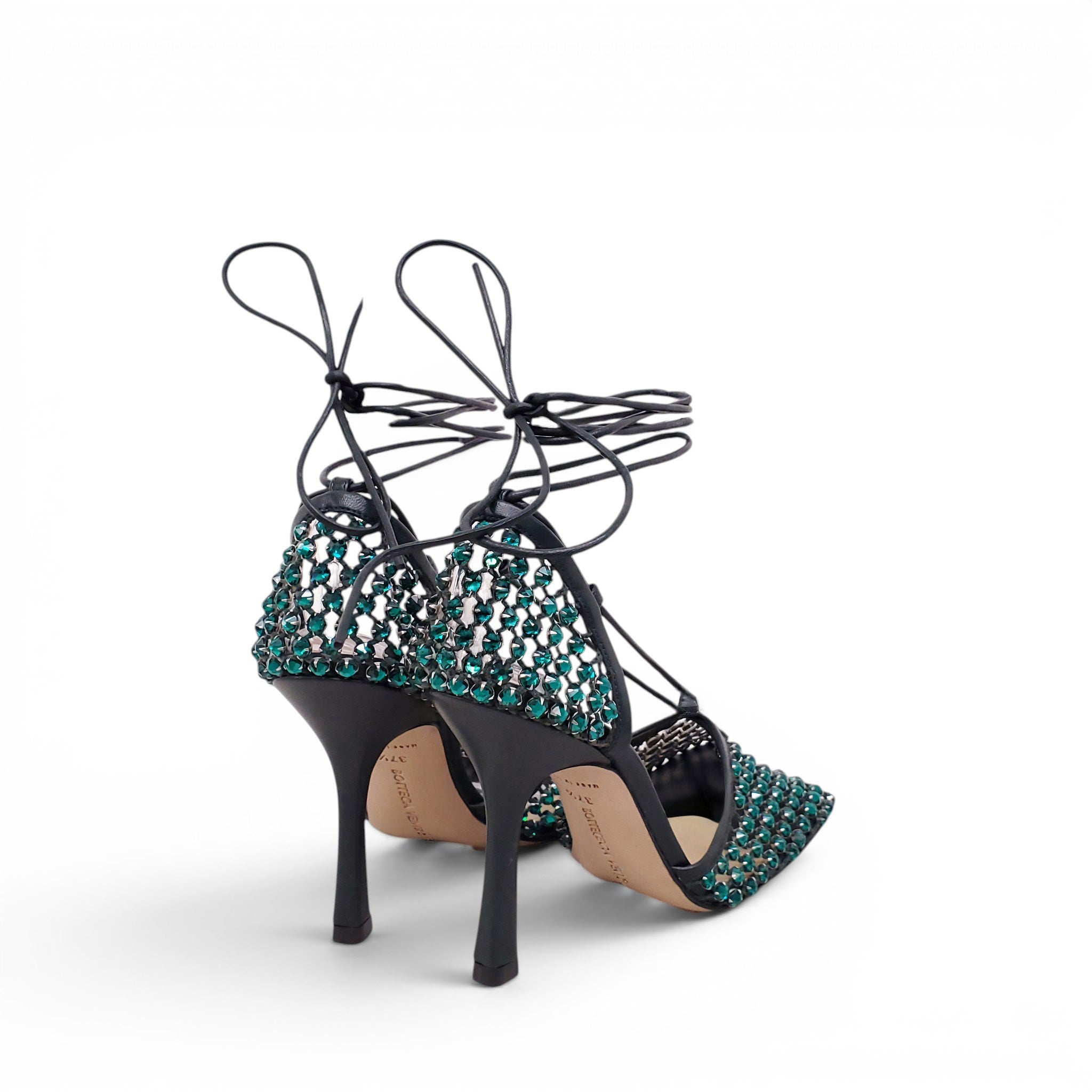 BOTTEGA VENETA GREEN CRYSTAL MESH STRAPPY HEELS - SIZE 37.5
