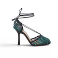 BOTTEGA VENETA GREEN CRYSTAL MESH STRAPPY HEELS - SIZE 37.5