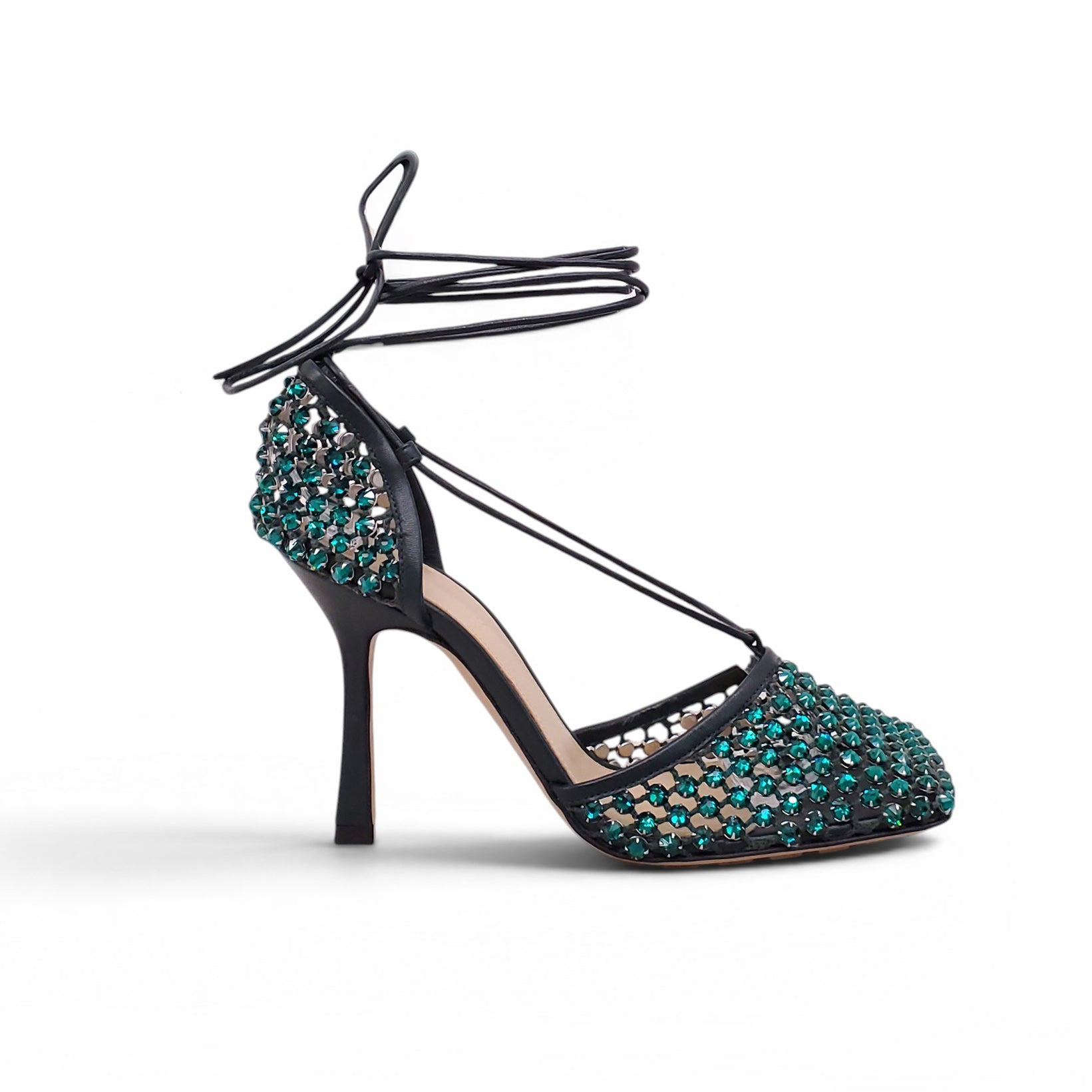 BOTTEGA VENETA GREEN CRYSTAL MESH STRAPPY HEELS - SIZE 37.5