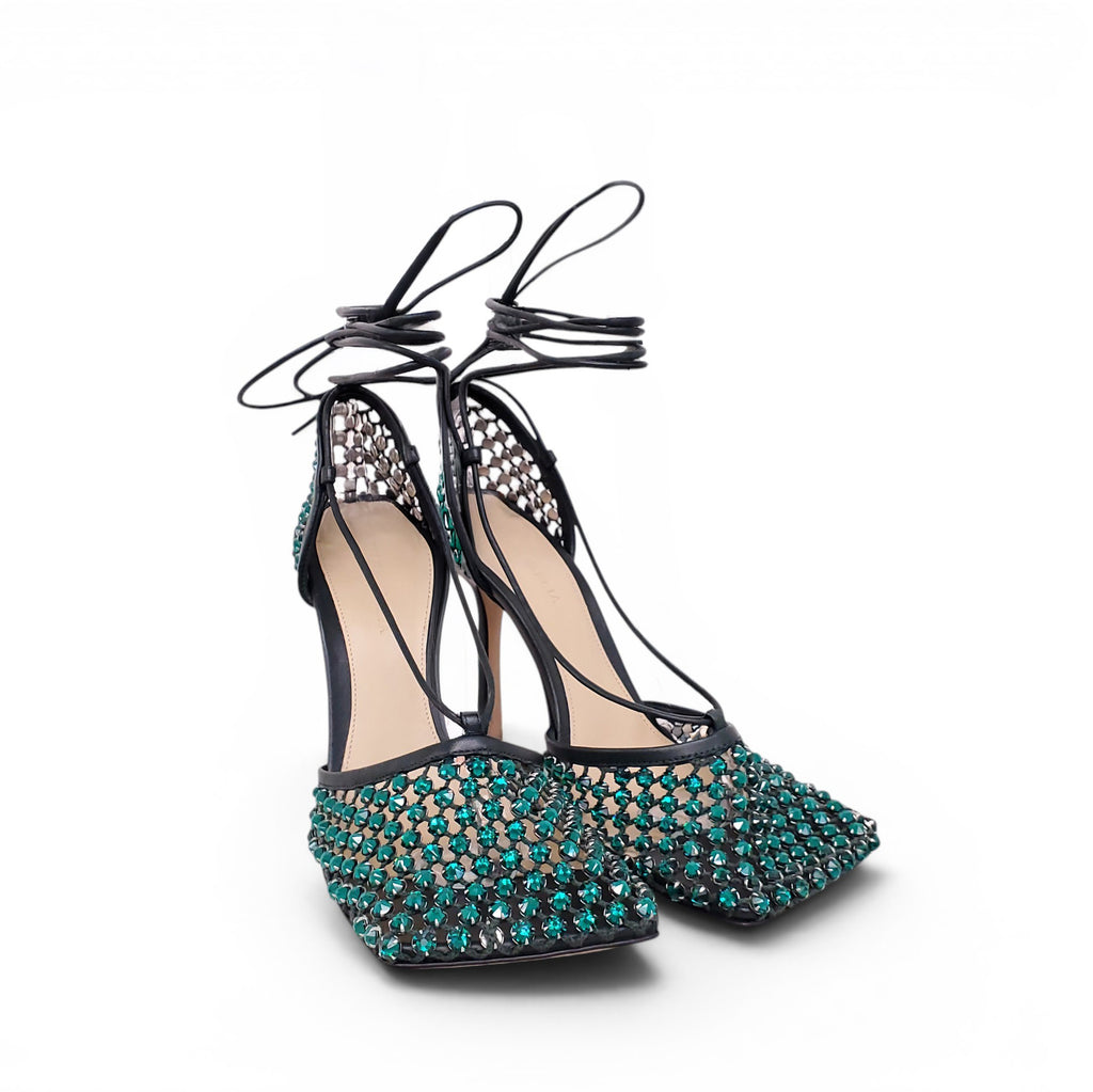 BOTTEGA VENETA GREEN CRYSTAL MESH STRAPPY HEELS - SIZE 37.5