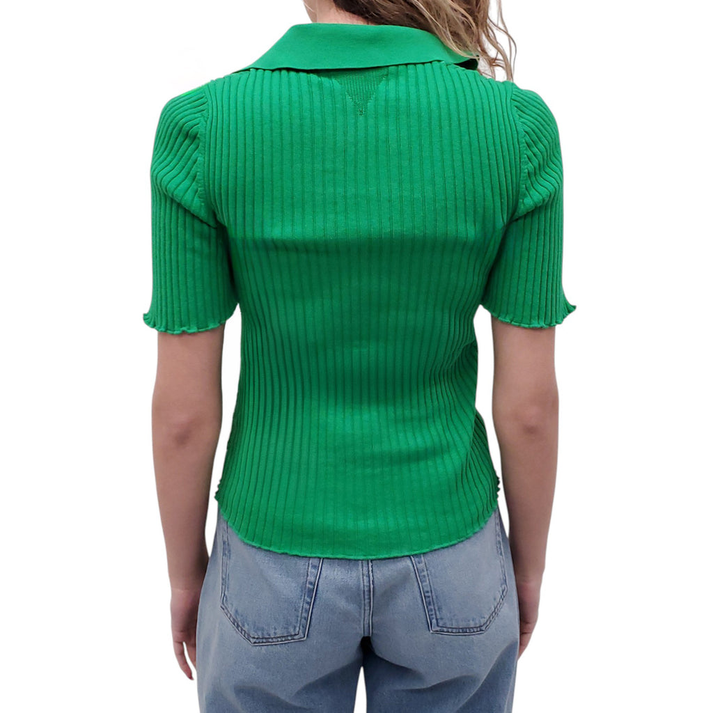 BOTTEGA VENETA GREEN SHORT SLEEVE RIBBED KNIT POLO SWEATER - SIZE XS