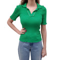 BOTTEGA VENETA GREEN SHORT SLEEVE RIBBED KNIT POLO SWEATER - SIZE XS