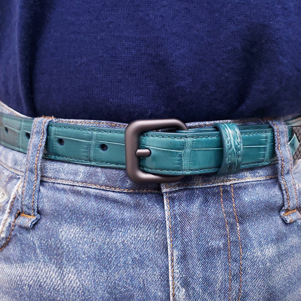 BOTTEGA VENETA GREEN SNAKESKIN BELT WITH SILVER DETAIL - SIZE 65