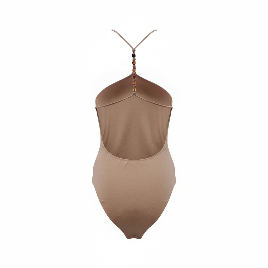 BOTTEGA VENETA KHAKI BODYSUIT WITH BEADED DETAIL - SIZE XS