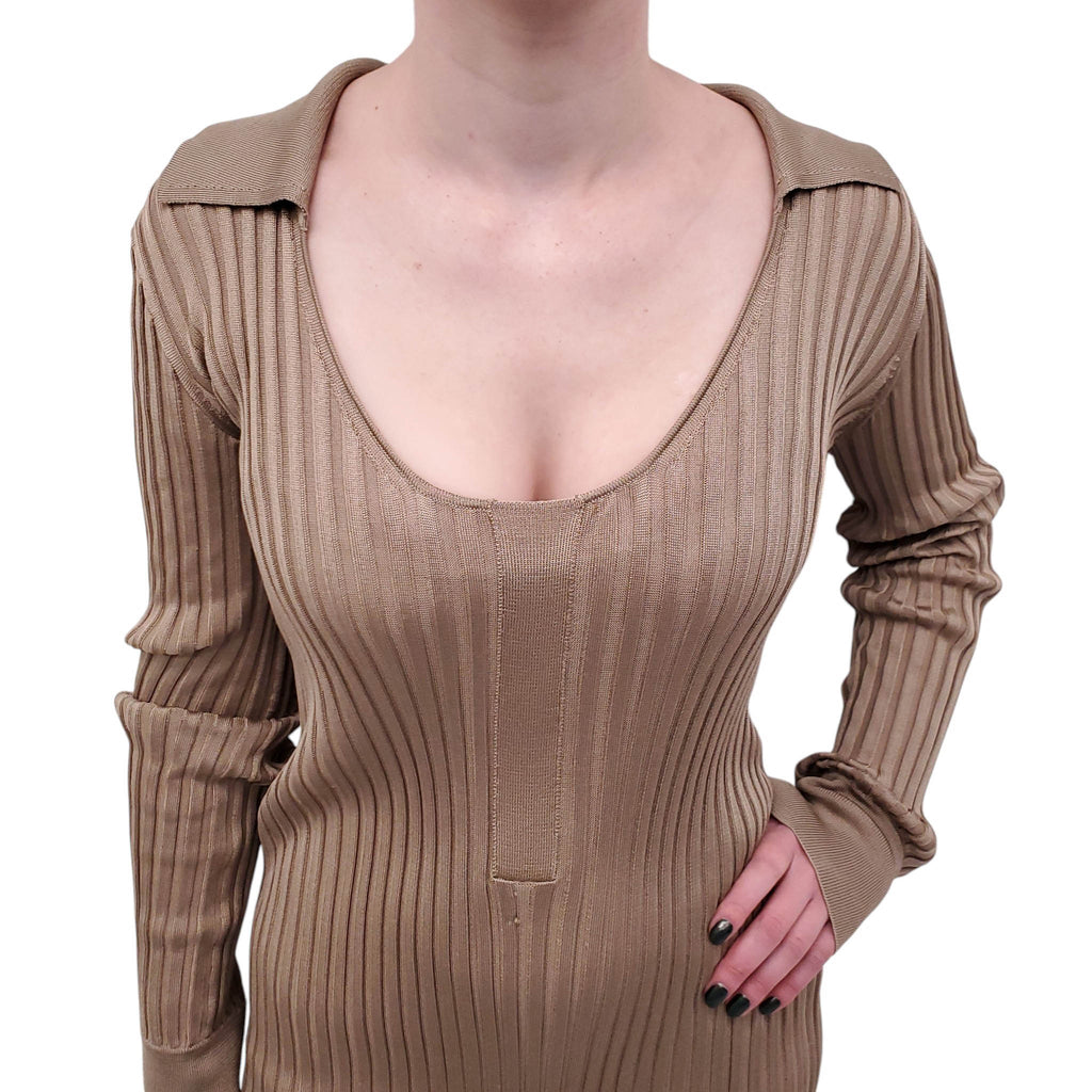 BOTTEGA VENETA KHAKI RIBBED KNIT POLO SCOOP NECK DRESS - SIZE 40
