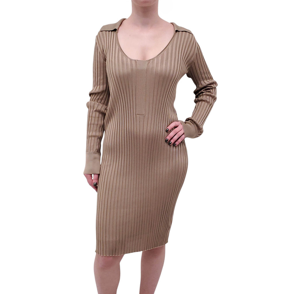 BOTTEGA VENETA KHAKI RIBBED KNIT POLO SCOOP NECK DRESS - SIZE 40