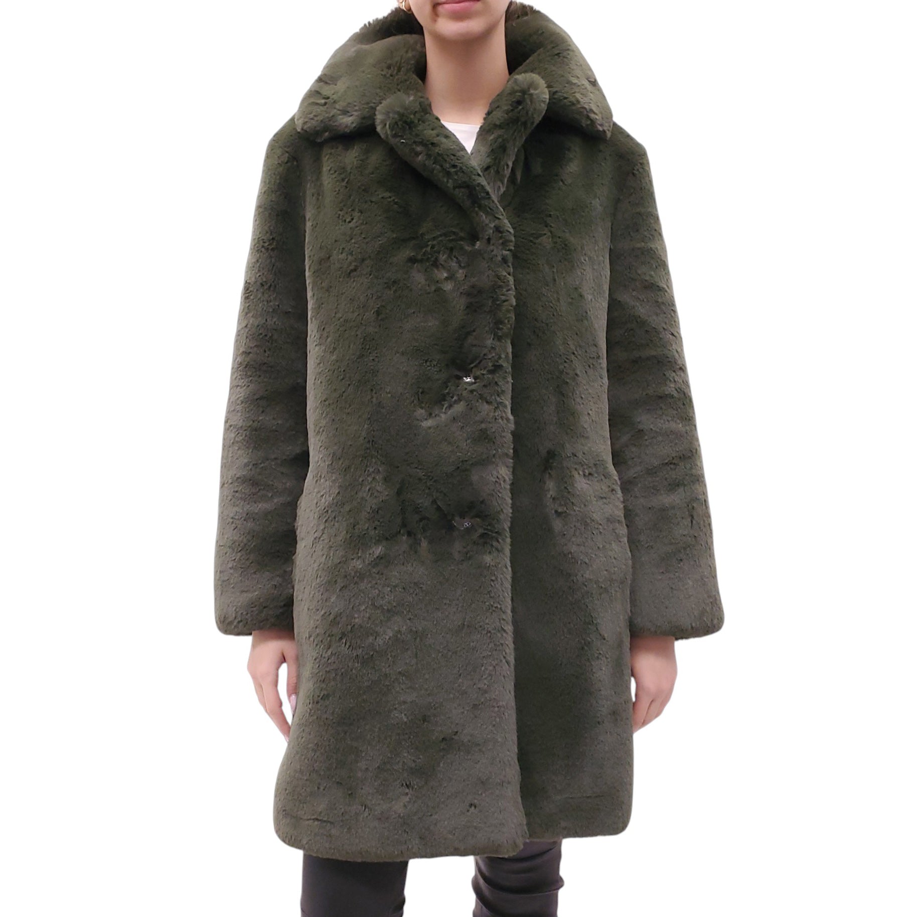 BURBERRY GREEN FAUX FUR OVERSIZED JACKET WITH CHECK LINING - SIZE 6