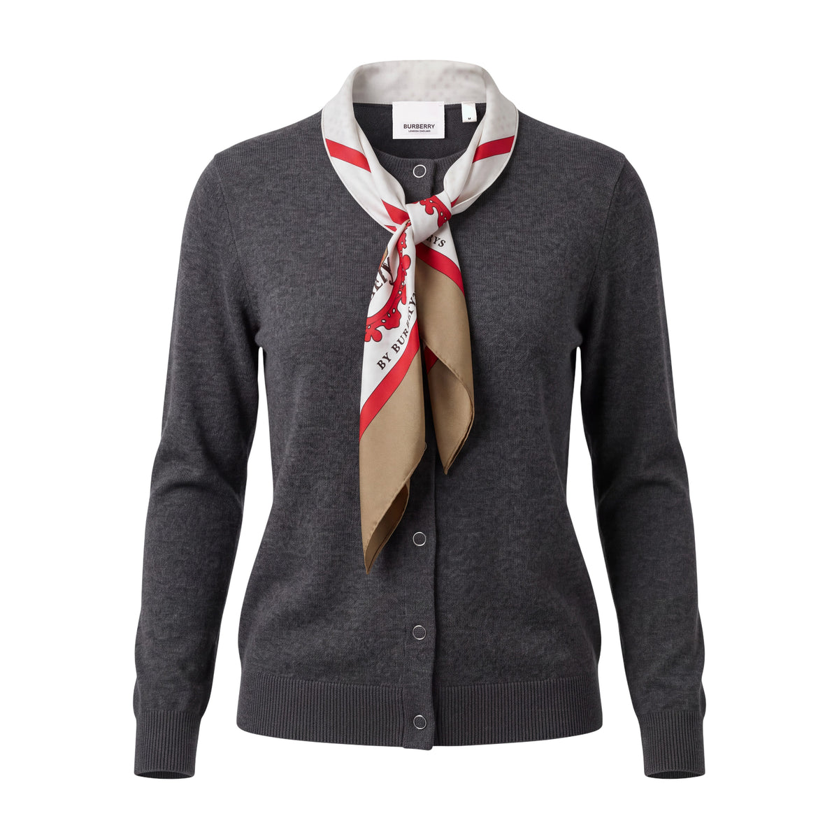 BURBERRY GREY BUTTON-FRONT CARDIGAN WITH ATTACHED SILK SCARF NECK DETAIL - SIZE M