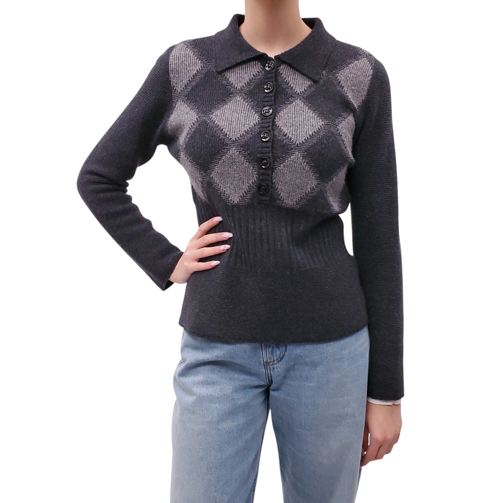 BURBERRY GREY CHECK POLO SWEATER  - SIZE M