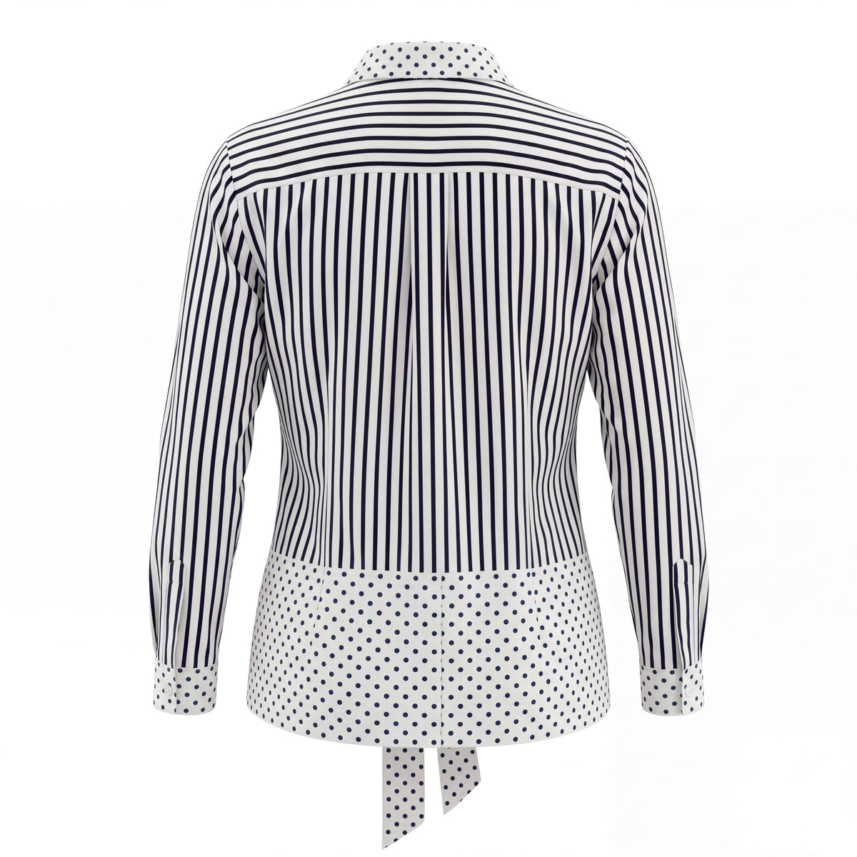BURBERRY WHITE AND BLACK POLKA DOT AND STRIPED BLOUSE WITH TIE DETAIL - SIZE 6