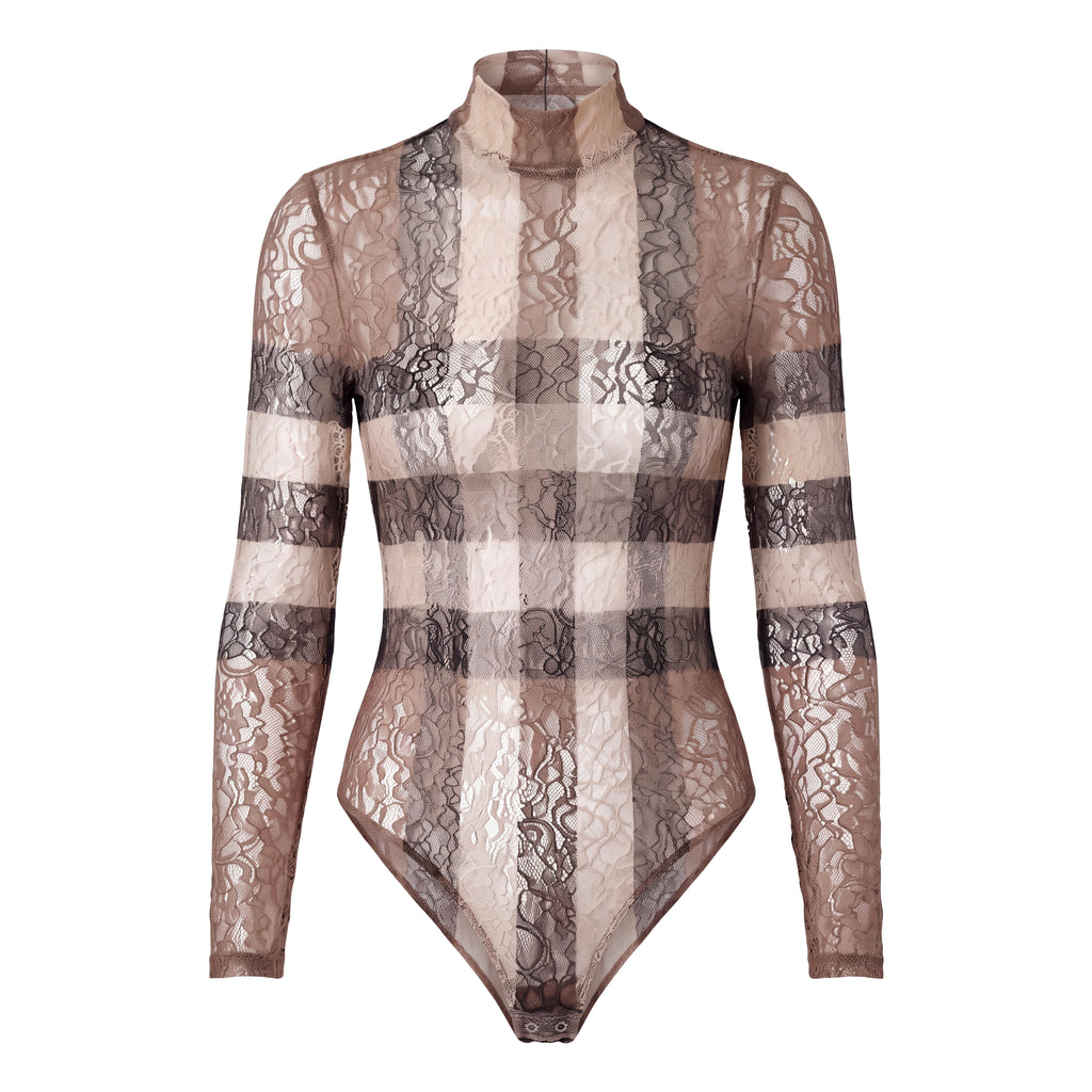 BURBERRY RUNWAY CHECK STRETCH LACE TURTLENECK BODYSUIT - SIZE M