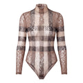 BURBERRY RUNWAY CHECK STRETCH LACE TURTLENECK BODYSUIT - SIZE M